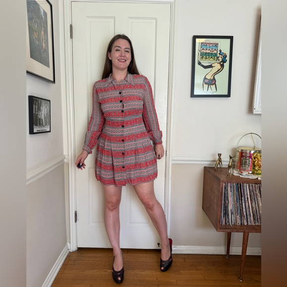 40s Vintage Long Sleeved Red Black and White Rayon Shirt Dress - Picture 3 of 8